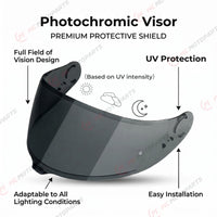 Photochromic tinted helmet visor for Shoei GT-Air 3, MC Motoparts replacement visor, showing reflective finish and clear viewing area.