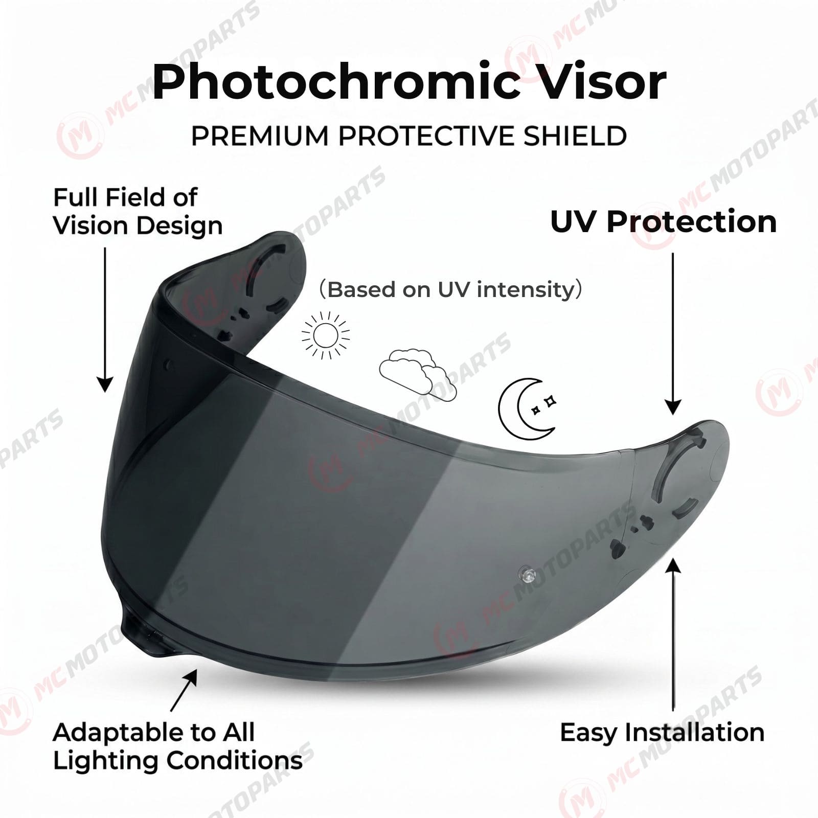 Photochromic tinted helmet visor for Shoei GT-Air 3, MC Motoparts replacement visor, showing reflective finish and clear viewing area.
