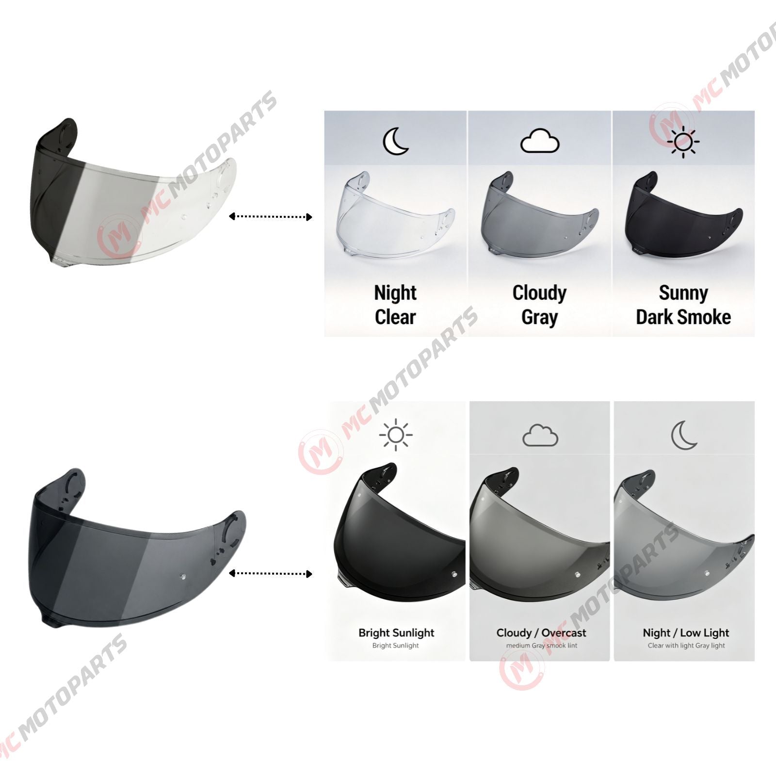 Photochromic helmet visor for Shoei GT-Air 3 by MC Motoparts, tinted finish, replacement visor with CNS-1C design.