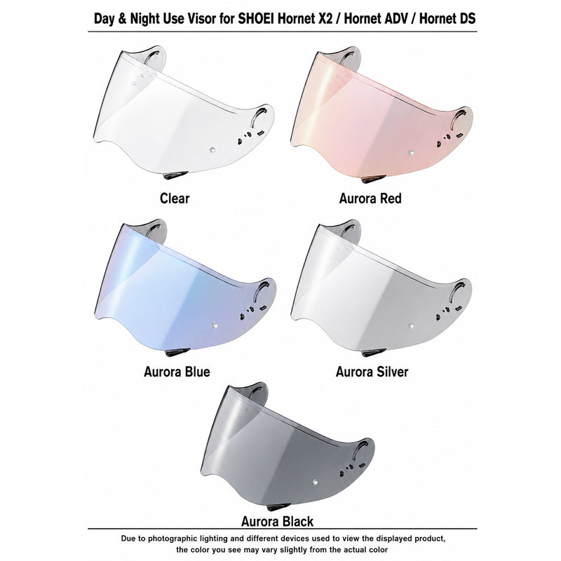 Light tint and clear helmet visor for Shoei Hornet ADV/X2 by MC Motoparts, suitable for day and night riding.