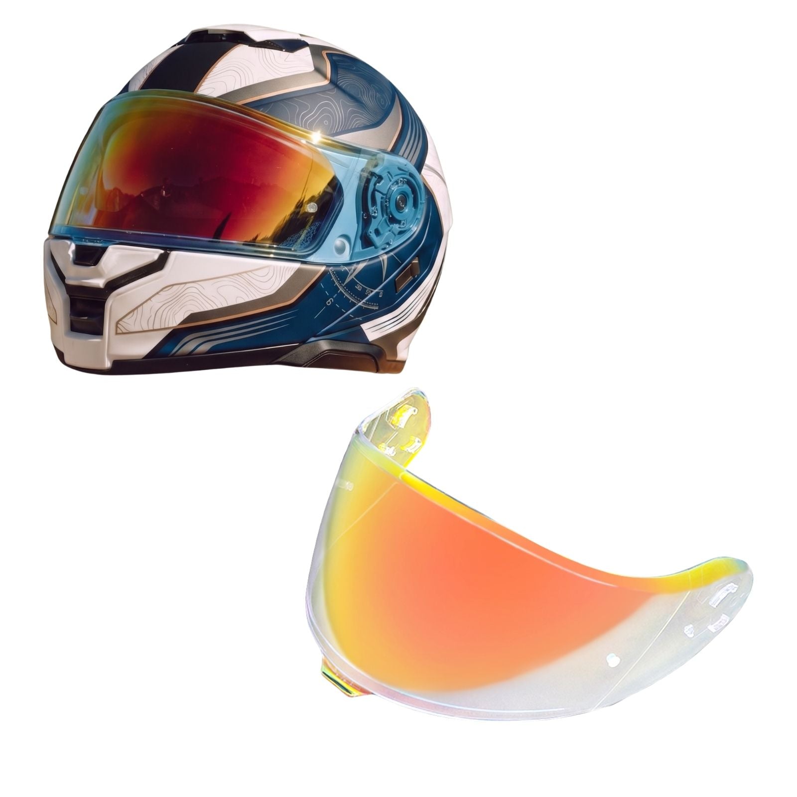 Shoei Neotec 3 replacement helmet visor by MC Motoparts, light tint and clear options for day and night riding visibility.