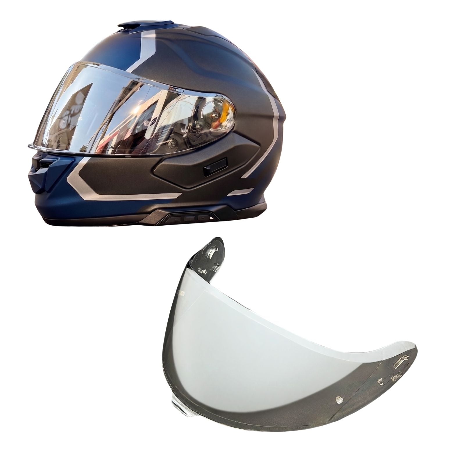 Shoei Neotec 3 replacement helmet visor by MC Motoparts, light tint and clear options for day and night riding visibility.
