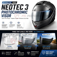 Photochromic Shoei Neotec 3 helmet visor by MC Motoparts, tinted finish, replacement CNS-3C model with reflective tint.