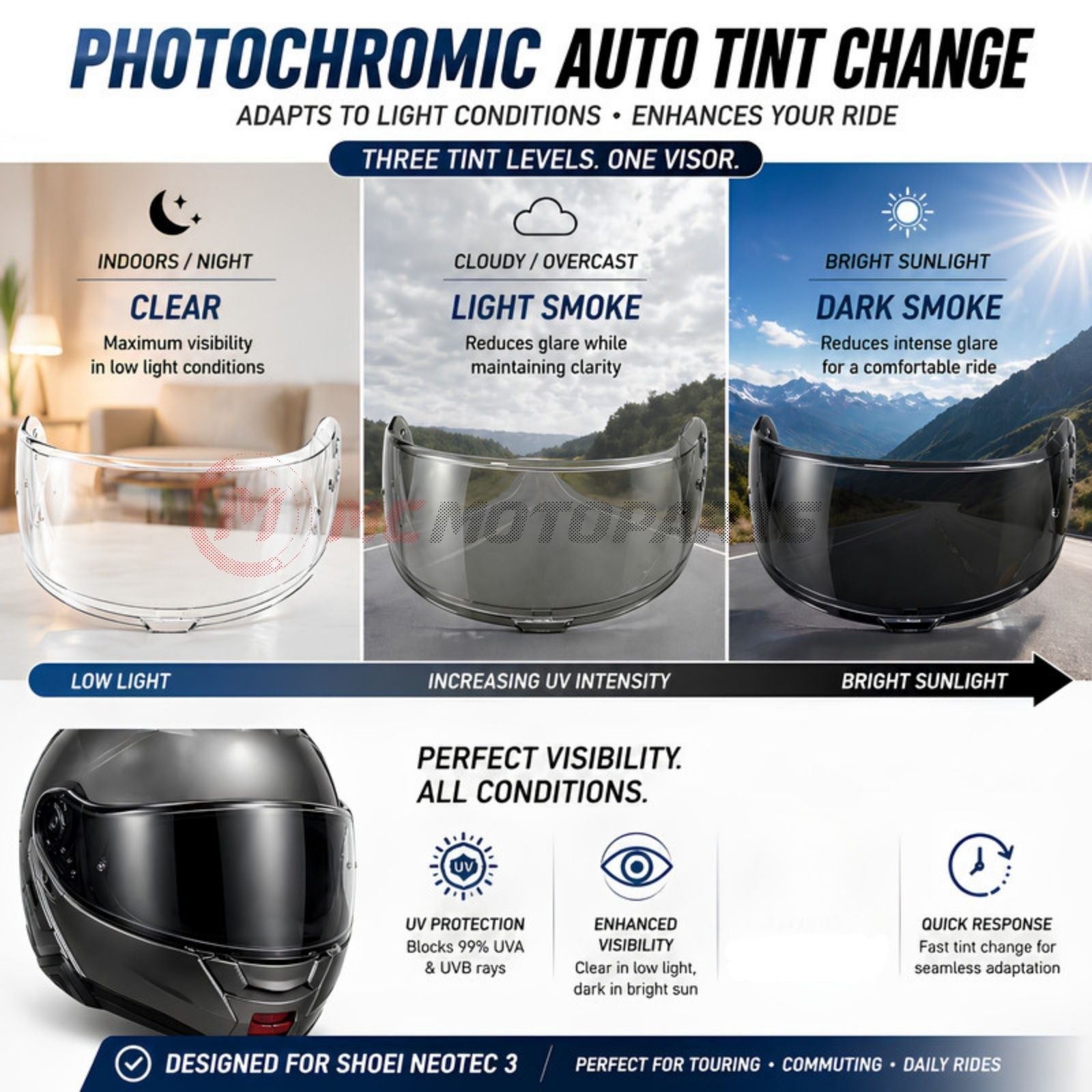 Photochromic tinted helmet visor for Shoei Neotec 3, MC Motoparts CNS-3C replacement visor, showing close-up detail and reflective finish.