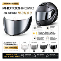 Photochromic helmet visor for Shoei Neotec 3, tinted finish, replacement visor by MC Motoparts for enhanced riding visibility