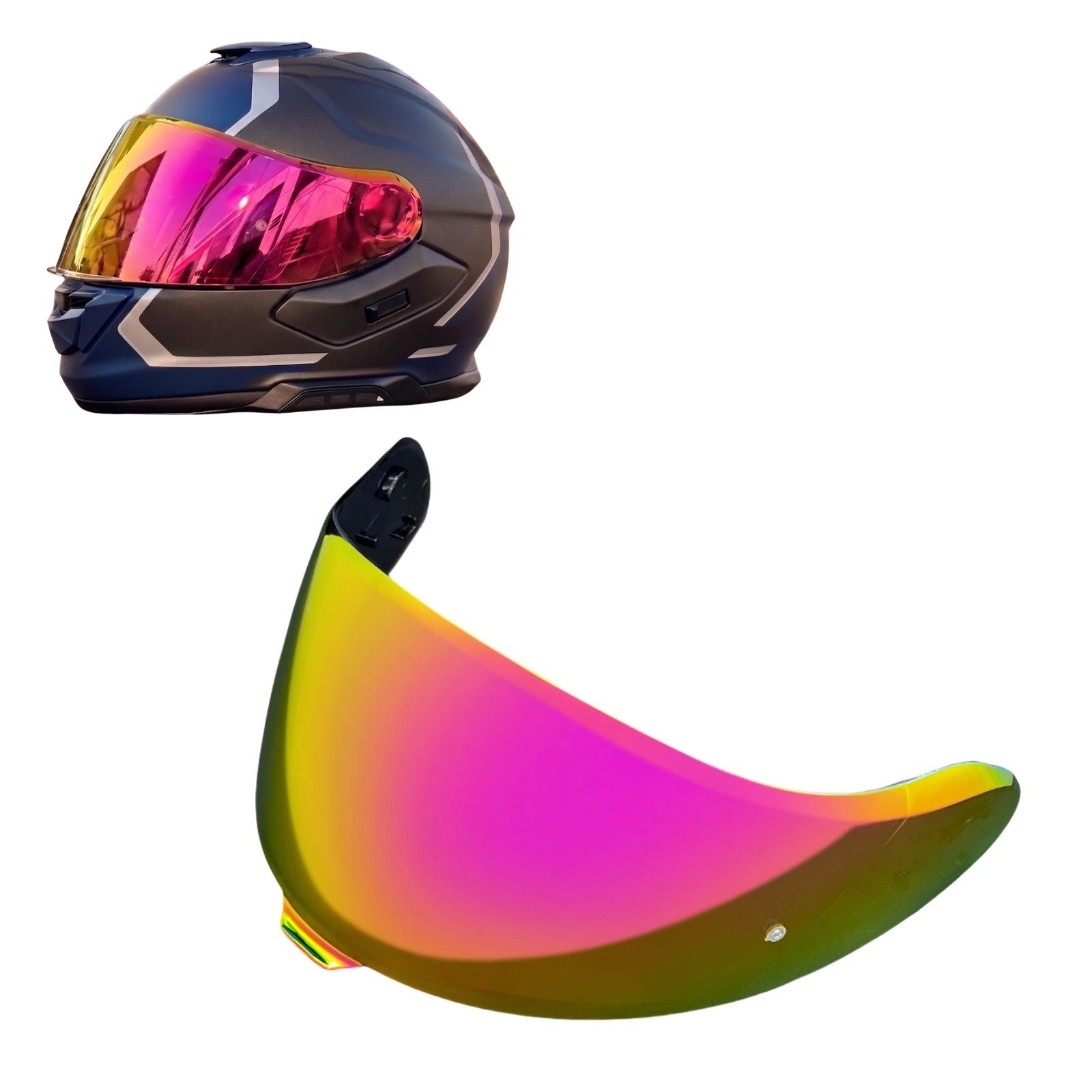 Tinted and spectra mirror finish helmet visor for Shoei Neotec 3 by MC Motoparts, designed for daytime riding.