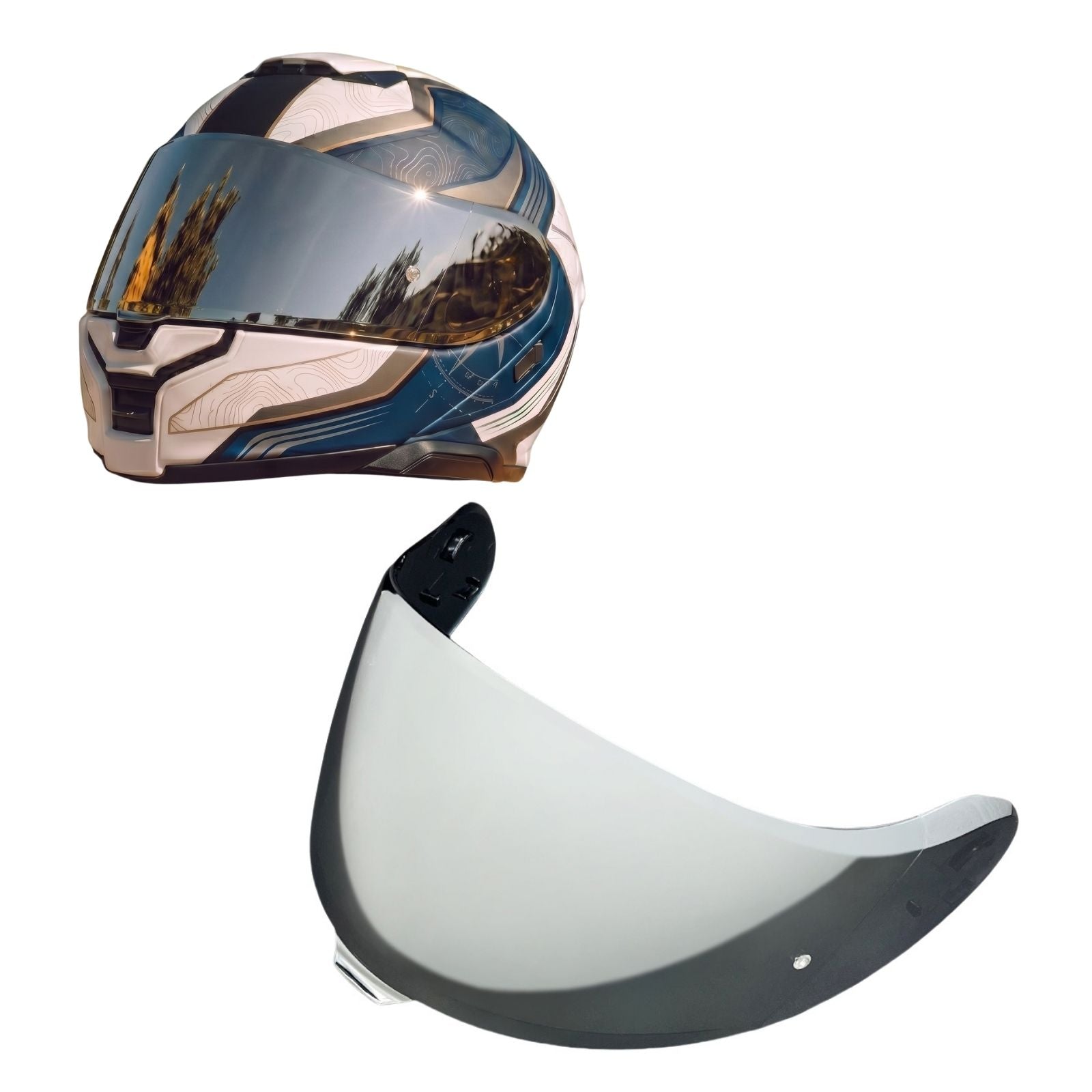 Tinted and spectra mirror finish helmet visor for Shoei Neotec 3, designed by MC Motoparts for daytime riding.