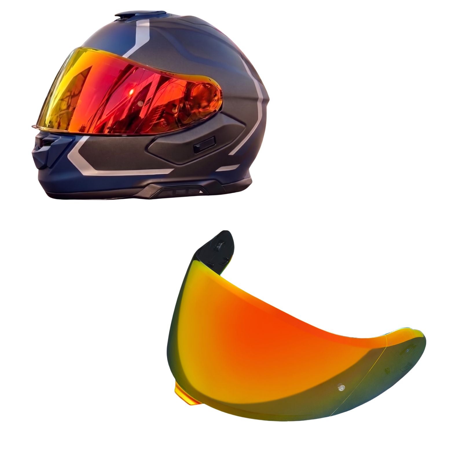 Tinted and Spectra Mirror finish Shoei Neotec 3 helmet visor by MC Motoparts, suitable for daytime riding.