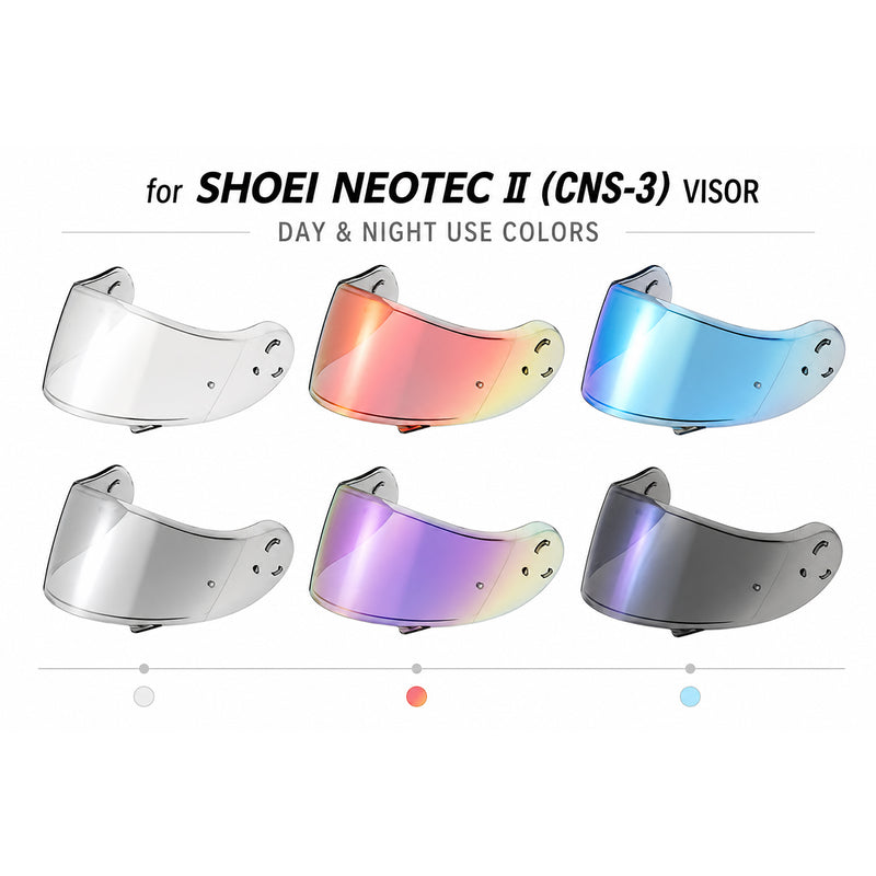 Shoei Neotec 2 helmet visor by MC Motoparts, light tint and clear options for day and night riding, helmet visor replacement.