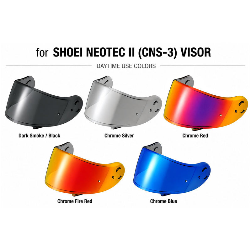 Tinted and Spectra Mirror finish helmet visor for Shoei Neotec 2 motorcycle helmet by MC Motoparts, daytime use series.