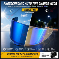 Photochromic tinted helmet visor for Shoei X15 Z8 RF1400 NXR2 X-SPR PRO from MC Motoparts, featuring a clear and reflective finish.