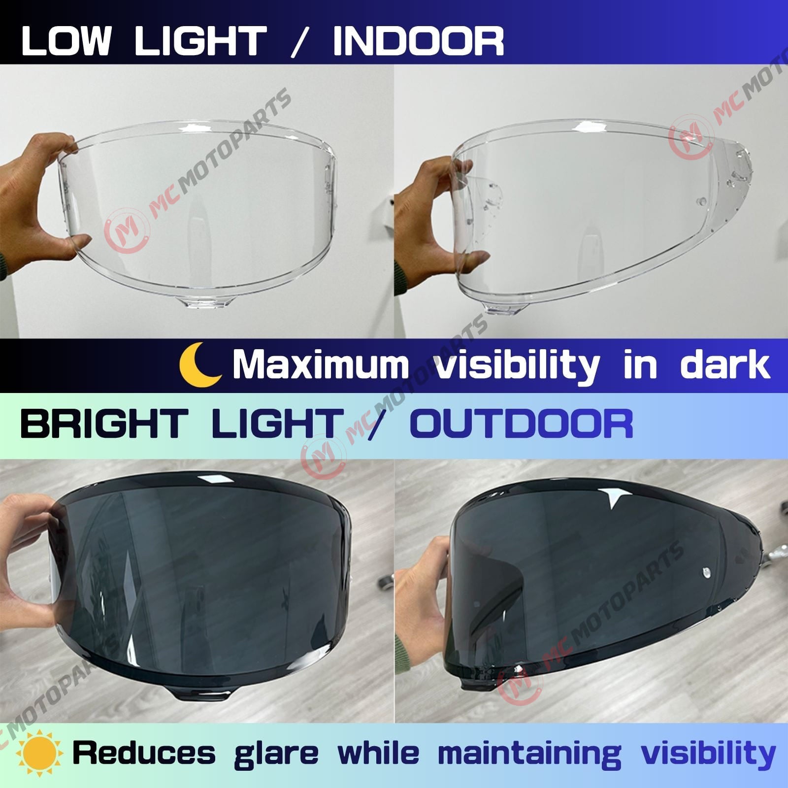 Photochromic tinted helmet visor for Shoei X15 Z8 RF1400 NXR2 X-SPR PRO, by MC Motoparts, with CWR-F2/R finish.