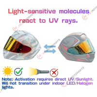 Photochromic tinted helmet visor for Shoei X15, RF1400, NXR2, and X-SPR PRO helmets by MC Motoparts, showing reflective finish.