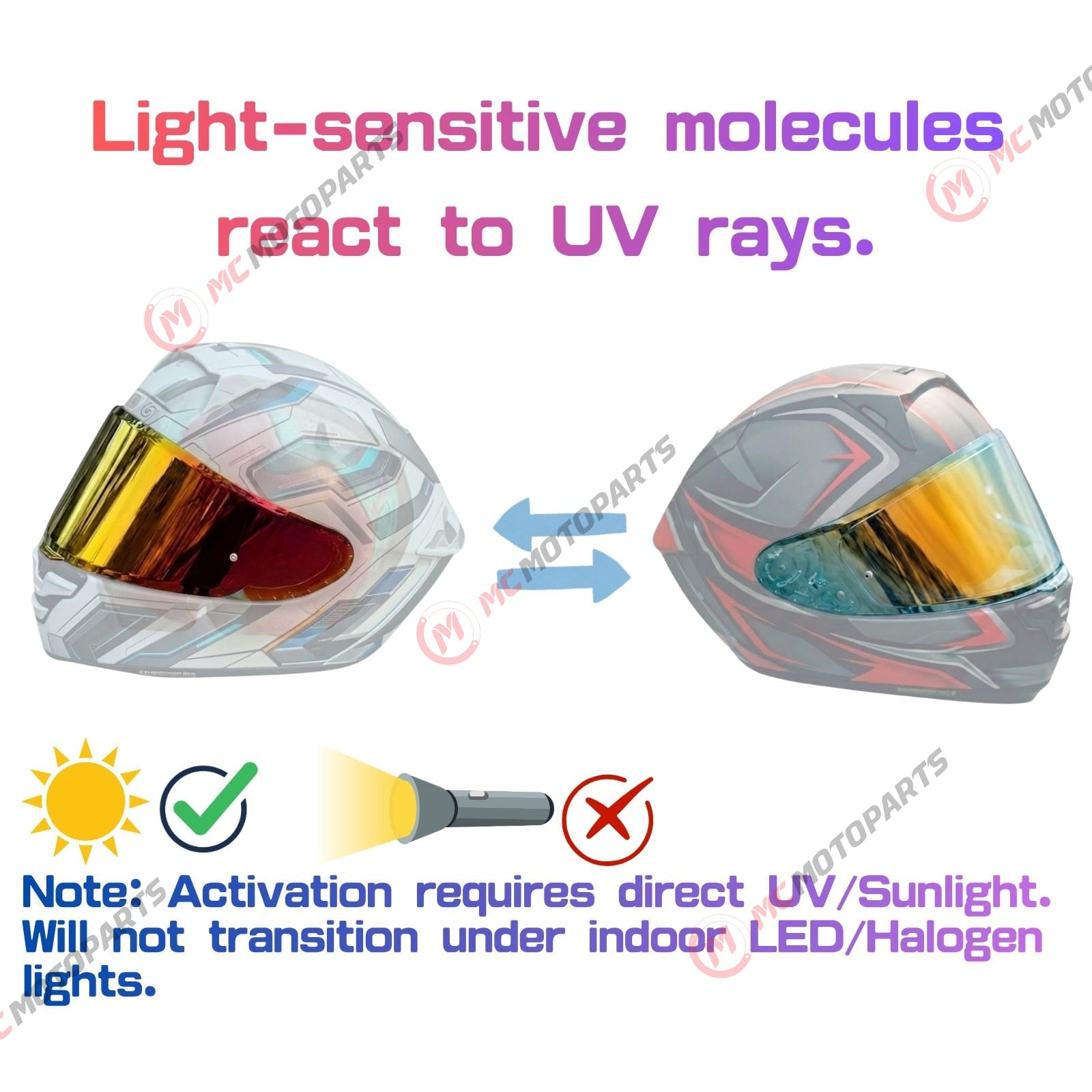 Photochromic tinted helmet visor for Shoei X15, RF1400, NXR2, and X-SPR PRO helmets by MC Motoparts, showing reflective finish.