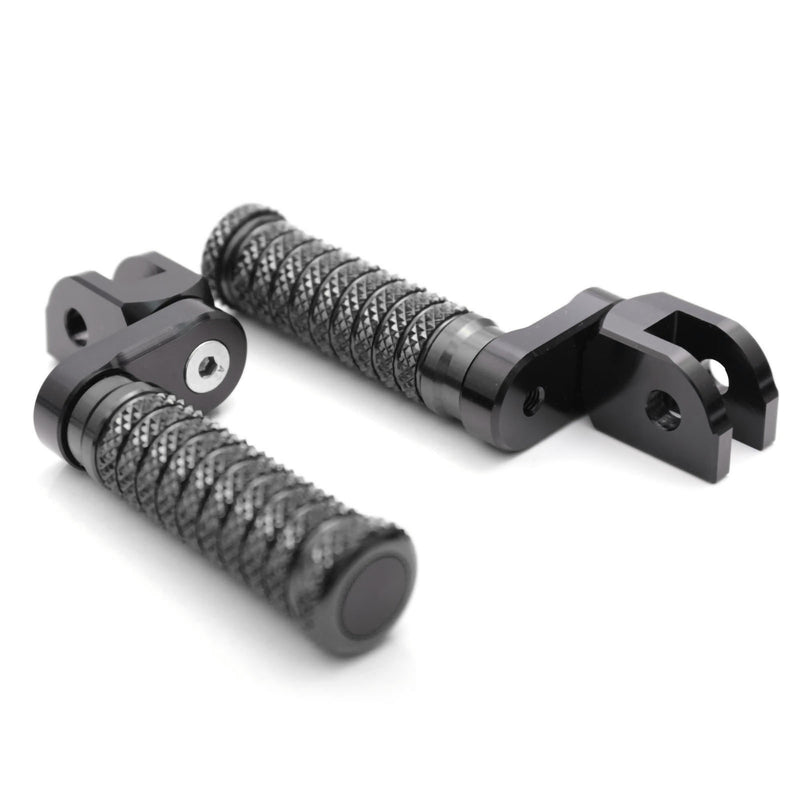 Front view of MC Motoparts 25mm adjustable extension foot pegs for CF MOTO with black riser and pole, designed for motorcycle comfort.