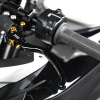 Moto-Tron lightweight folding clutch lever installed on CFMOTO 800NK, 250SR, 250NK, XO, and PAPIO motorcycle models.