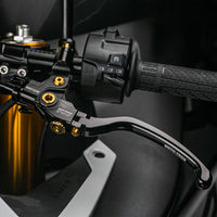 Moto-Tron lightweight racing folding clutch lever installed on Aprilia Tuono V4 1100RR Factory motorcycle.