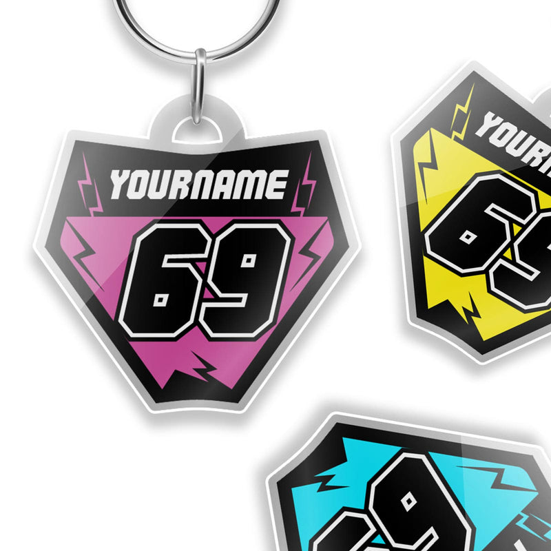 Custom Acrylic MX Racing Number Plate Keychain by StickerBao featuring MX01 style with bold racing number design.