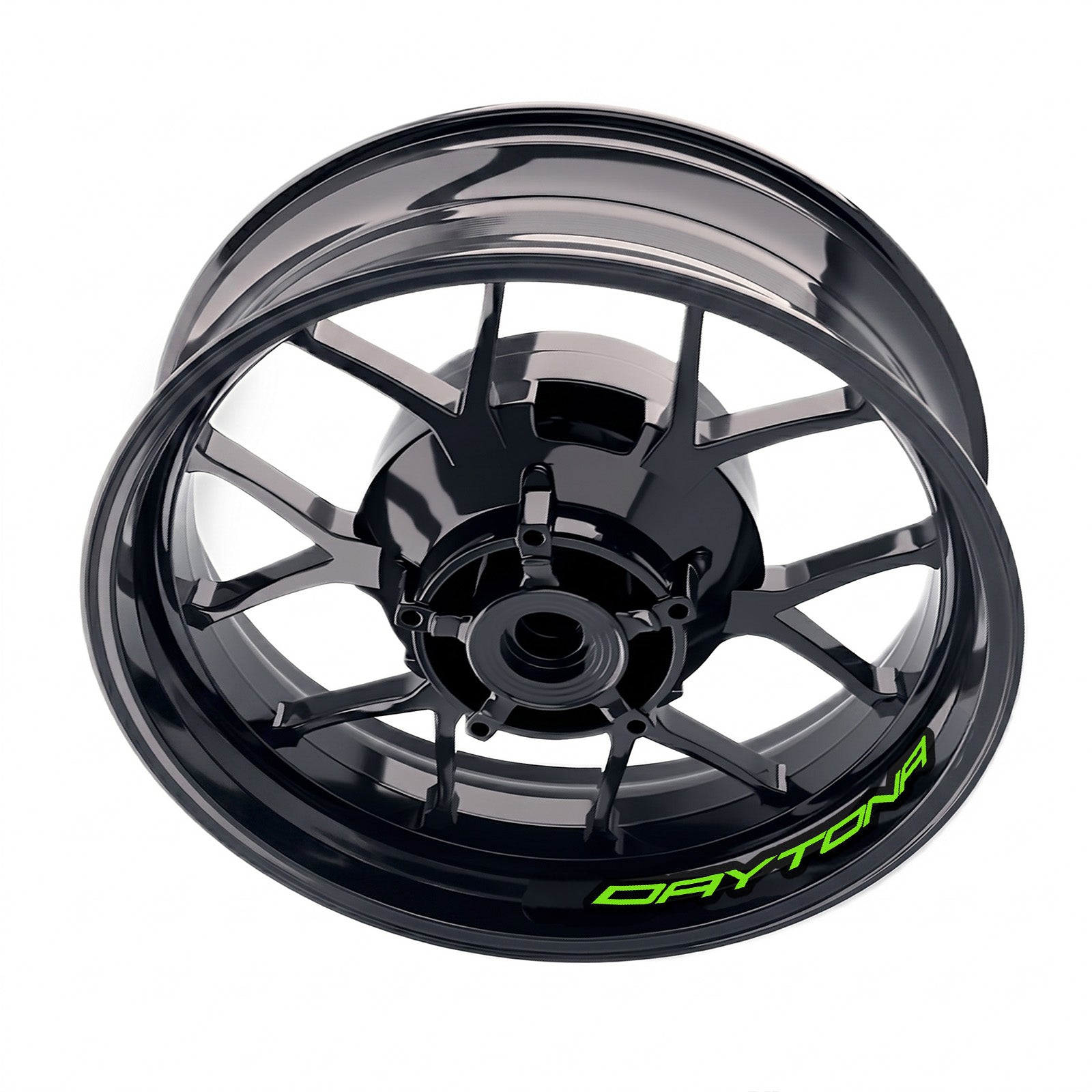 Triumph Daytona 1200 inner rim sticker set by StickerBao, bike-specific wheel decals showing colorful rim decals on motorcycle wheels.