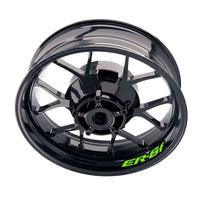 Kawasaki ER6F bike wheel decals, StickerBao inner rim sticker set on a motorcycle wheel with black and green graphics.