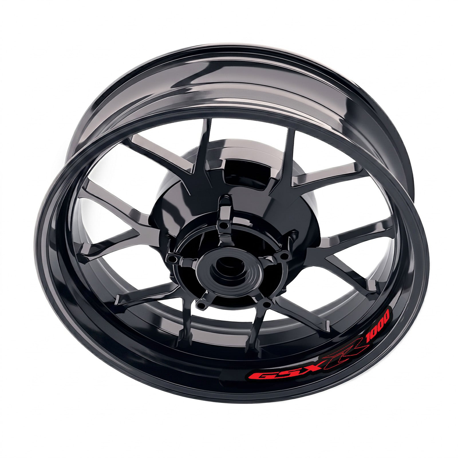 Suzuki GSXR 1000 bike wheel stickers and rim decals set by StickerBao, featuring red inner rim decals on a motorcycle wheel.