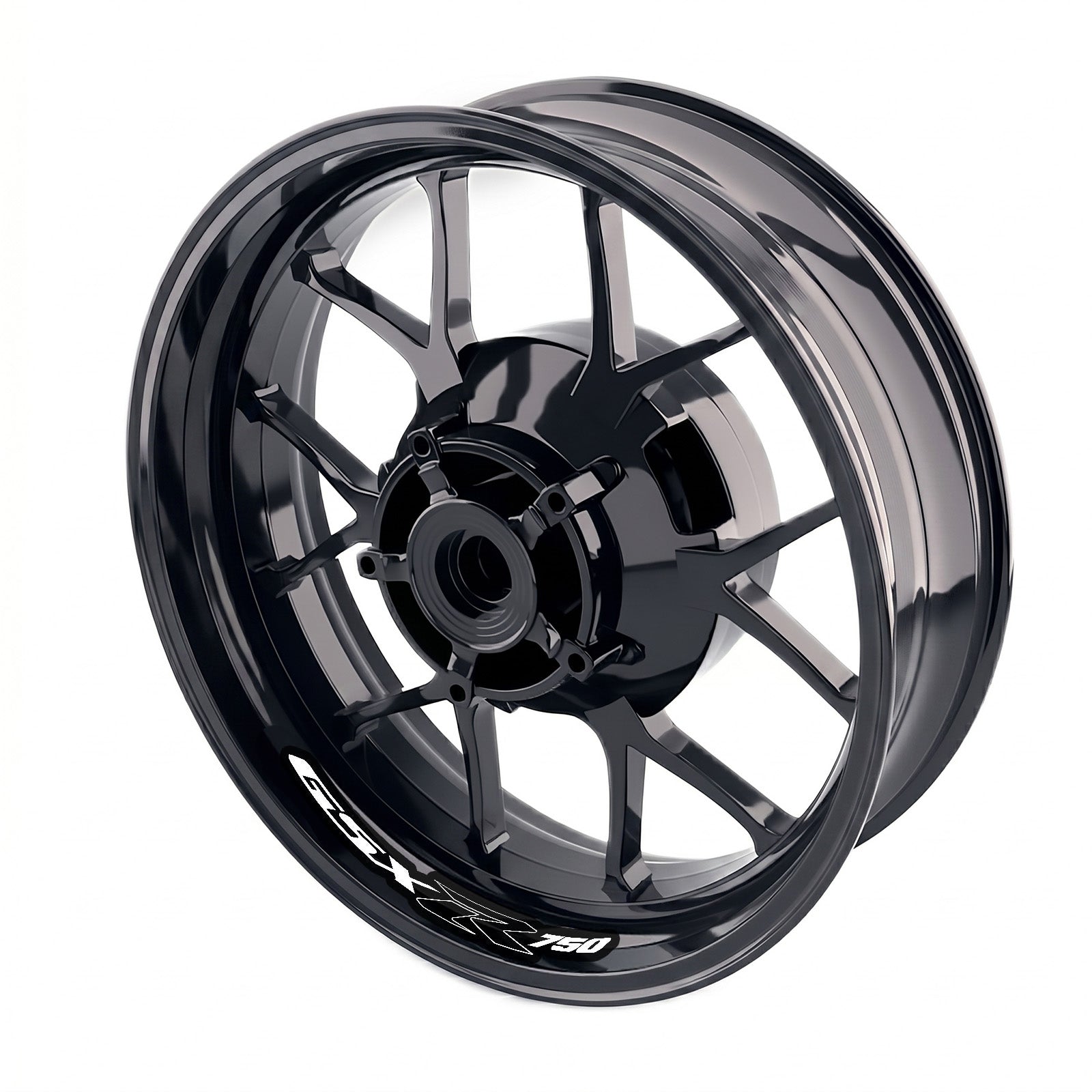 Suzuki GSXR 750 inner rim sticker set by StickerBao, bike model-specific wheel decals on black rims for sport motorcycle.