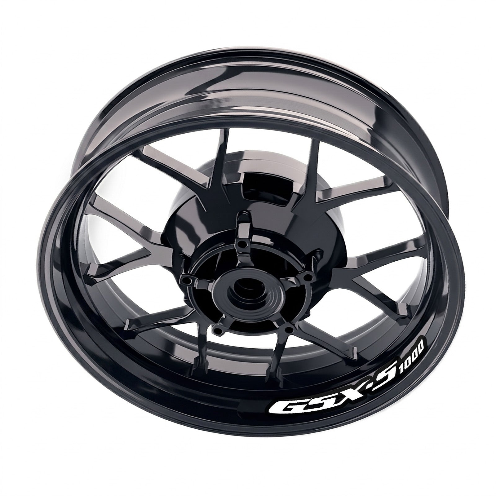 Suzuki GSXS 1000 wheel sticker set by StickerBao, bike-specific rim decals on alloy wheels with black and white design.