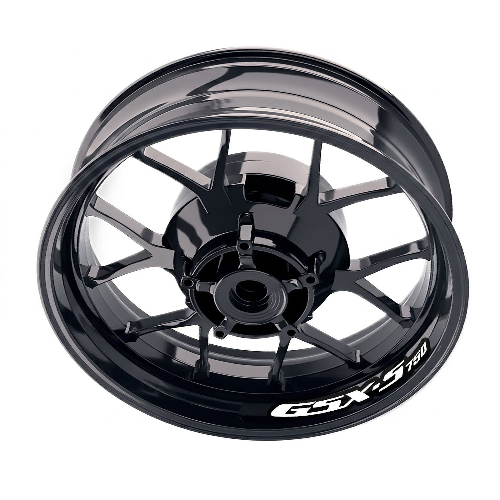Suzuki GSXS 750 wheel stickers and rim decals set by StickerBao on bike wheel with stylish design and vibrant colors.