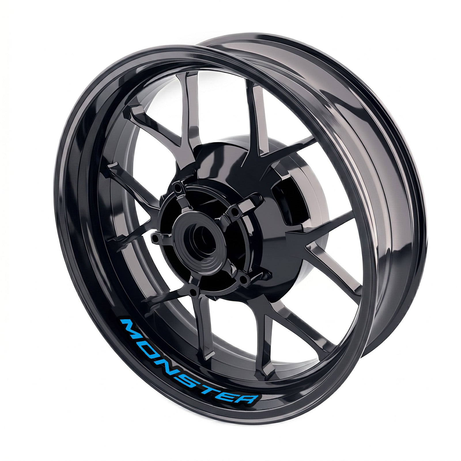 Ducati Monster 821 inner rim sticker set by StickerBao, bike model-specific wheel decals on black rims.