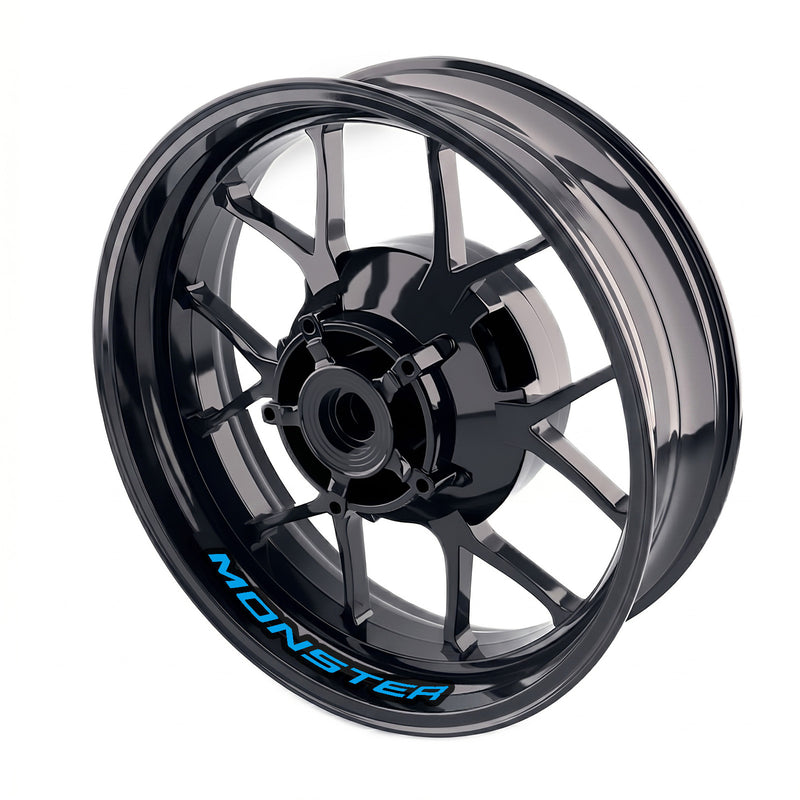 Ducati Monster 1000 inner rim sticker set by StickerBao, bike-specific wheel decals on black rims for enhanced motorcycle style.