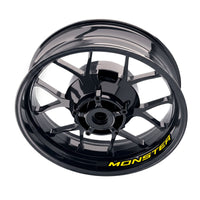 Ducati Monster 1000 wheel stickers and rim decals set by StickerBao, showing detailed bike model-specific inner rim decals on motorcycle wheels.