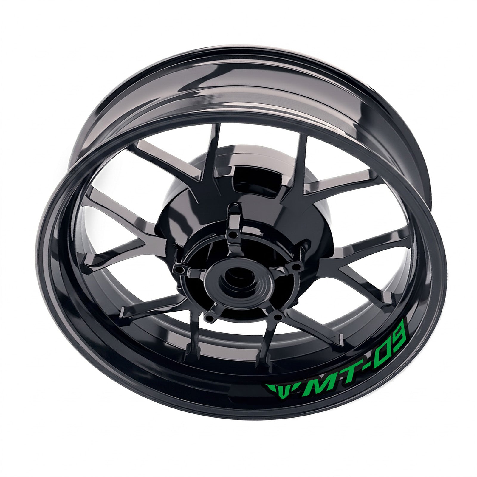 Yamaha MT09 inner rim sticker set by StickerBao, bike model-specific wheel decals on a motorcycle rim.