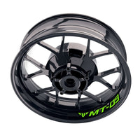 Yamaha MT09 inner rim sticker set by StickerBao, bike model-specific wheel decals with black and green design on alloy rims