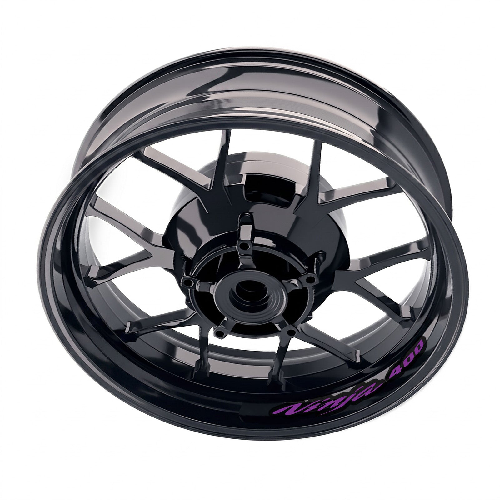 Kawasaki Ninja 400 EX400 inner rim sticker set by StickerBao, bike model-specific wheel decals on a motorcycle wheel.