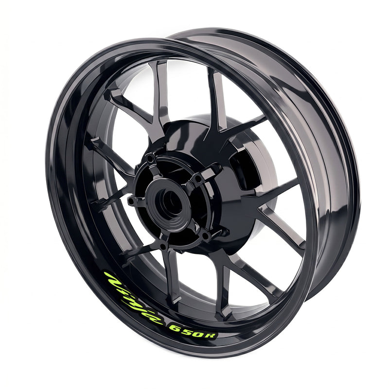Kawasaki Ninja 650R wheel stickers and rim decals, bike-specific inner rim decal set by StickerBao on a motorcycle wheel.