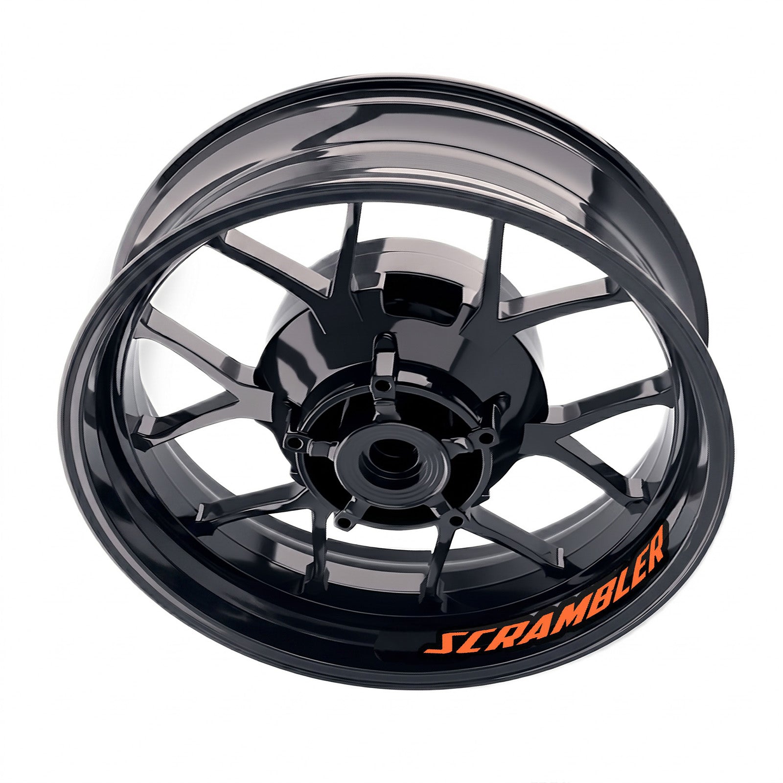 Ducati Scrambler Cafe Racer inner rim sticker set with bike model-specific wheel decals on a motorcycle wheel.