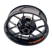 Ducati Scrambler 1100 wheel stickers and rim decals by StickerBao, showing the bike’s inner rim decal set on the wheel.