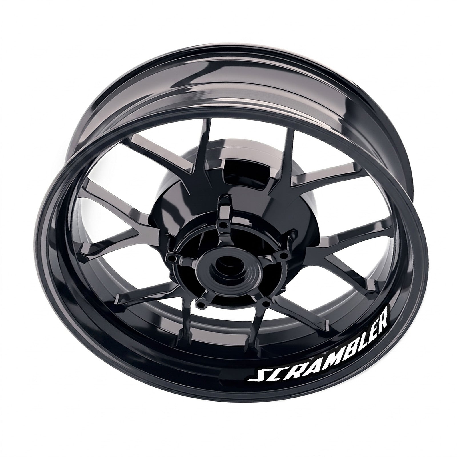 Ducati Scrambler 1100 wheel stickers and rim decals set by StickerBao, featuring model-specific inner rim decals on a motorcycle wheel.