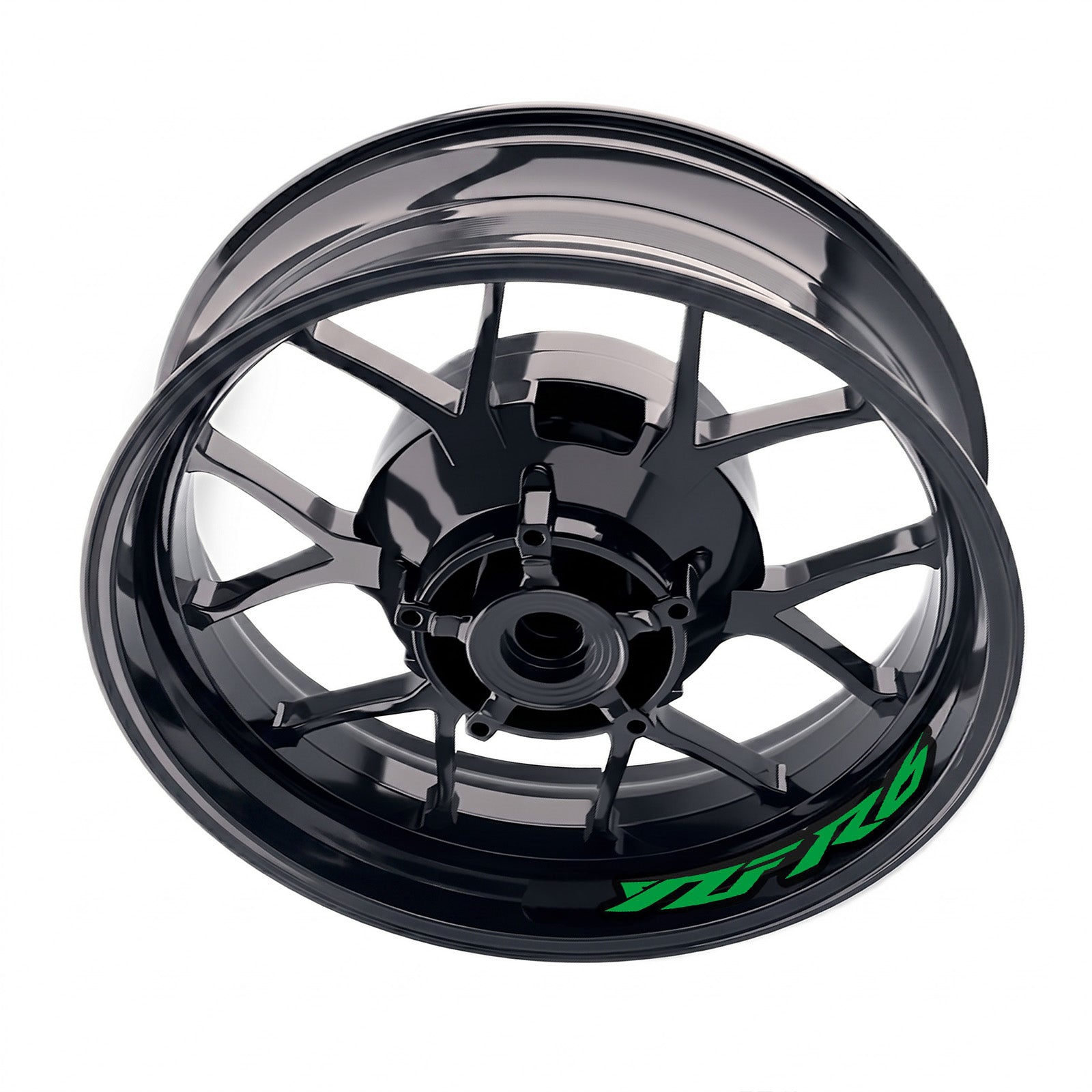 Yamaha YZF R6 wheel decals set by StickerBao, featuring bike-specific inner rim stickers and rim decals on a motorcycle wheel.