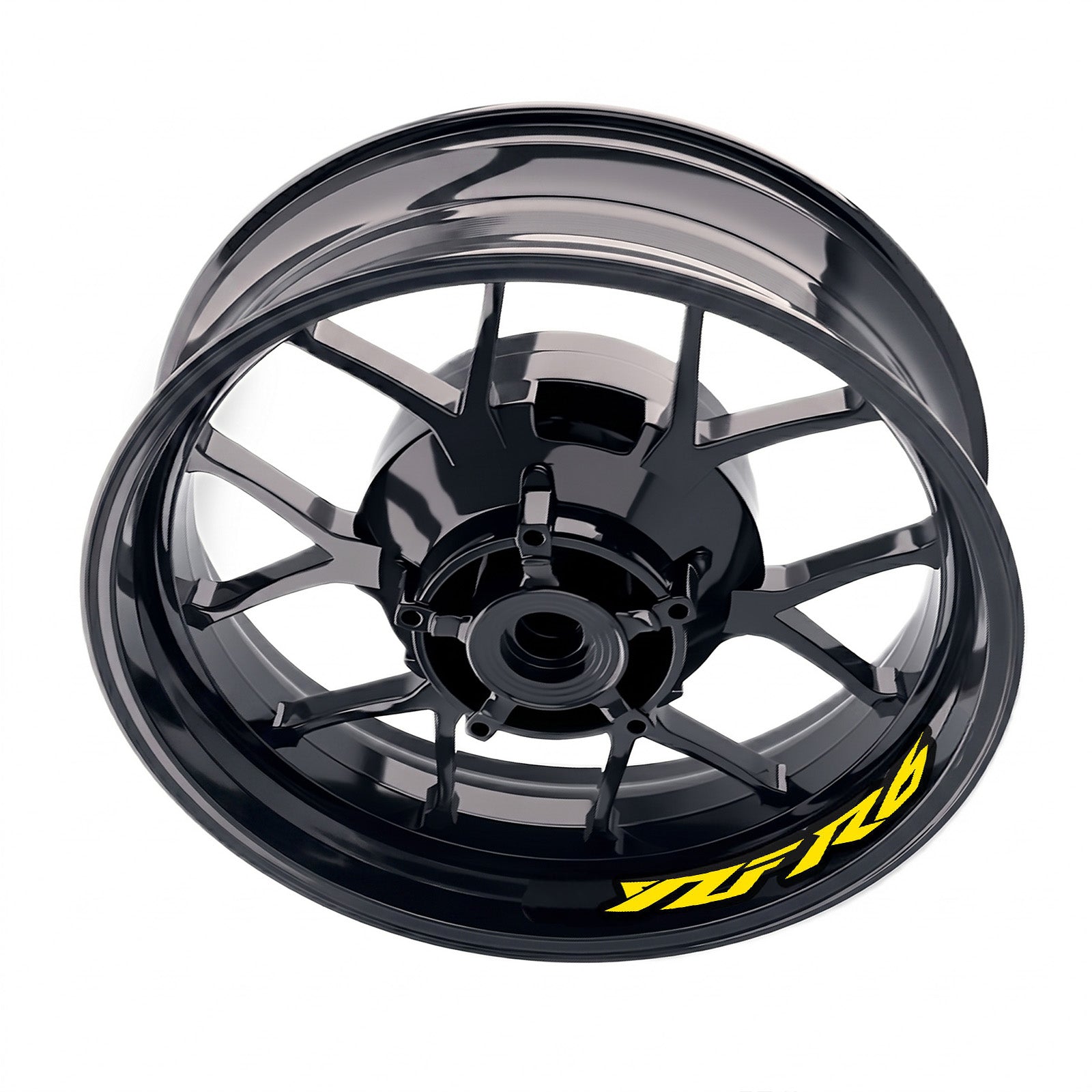 Yamaha YZF R6 inner rim sticker set with bike-specific wheel decals, featuring stylish design and precise fit on motorcycle wheels.
