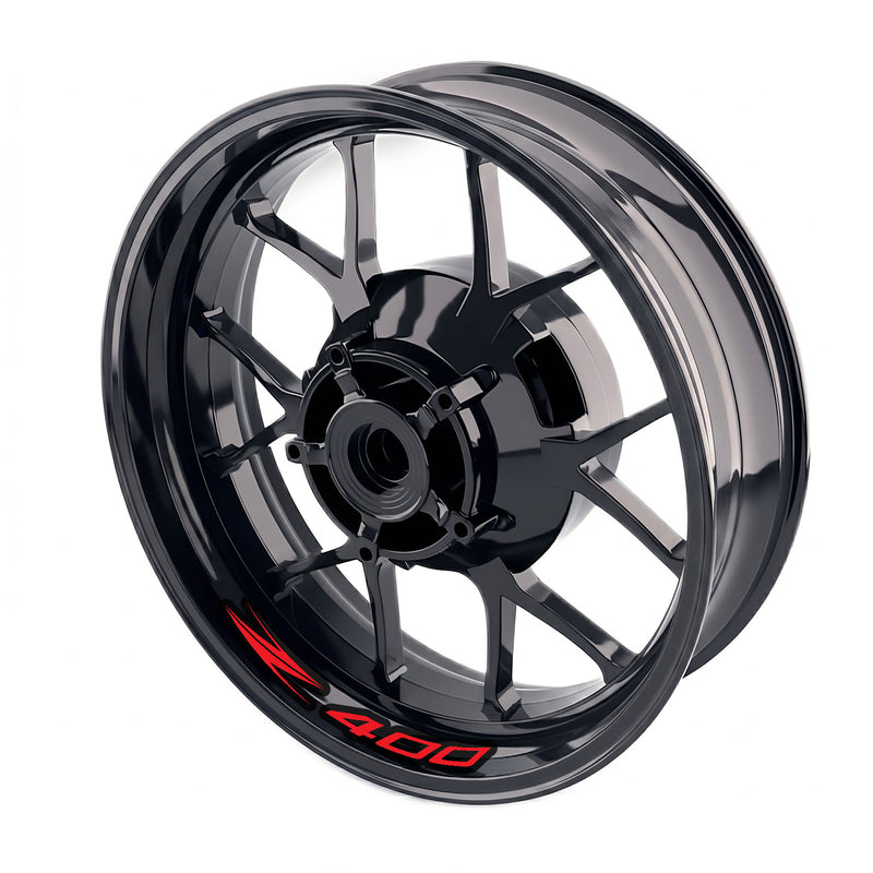 Kawasaki Z400 inner rim sticker set with red wheel decals, bike-specific wheel stickers by StickerBao on a motorcycle wheel.