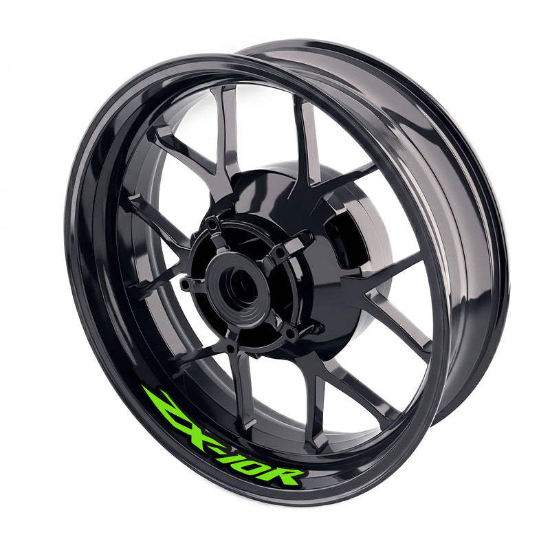 Kawasaki ZX10R Ninja wheel rim sticker set from StickerBao, featuring bike-specific decals on silver alloy rims.