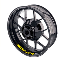 Kawasaki ZX6R Ninja ZX636 wheel stickers and rim decals by StickerBao, featuring vibrant yellow and black bike model-specific decals