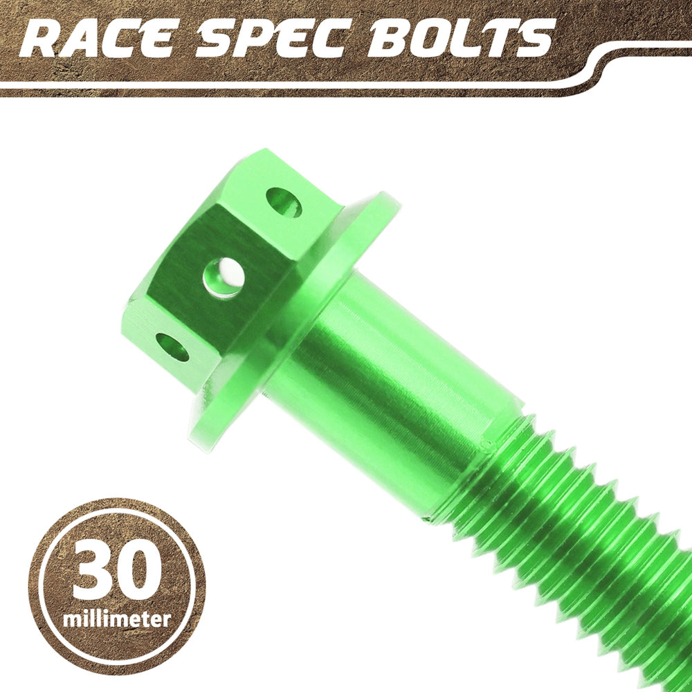 CNC aluminum flanged hex head race spec bolt M6 x 30mm from MC Motoparts, showing shiny metallic finish and flanged hex head design.