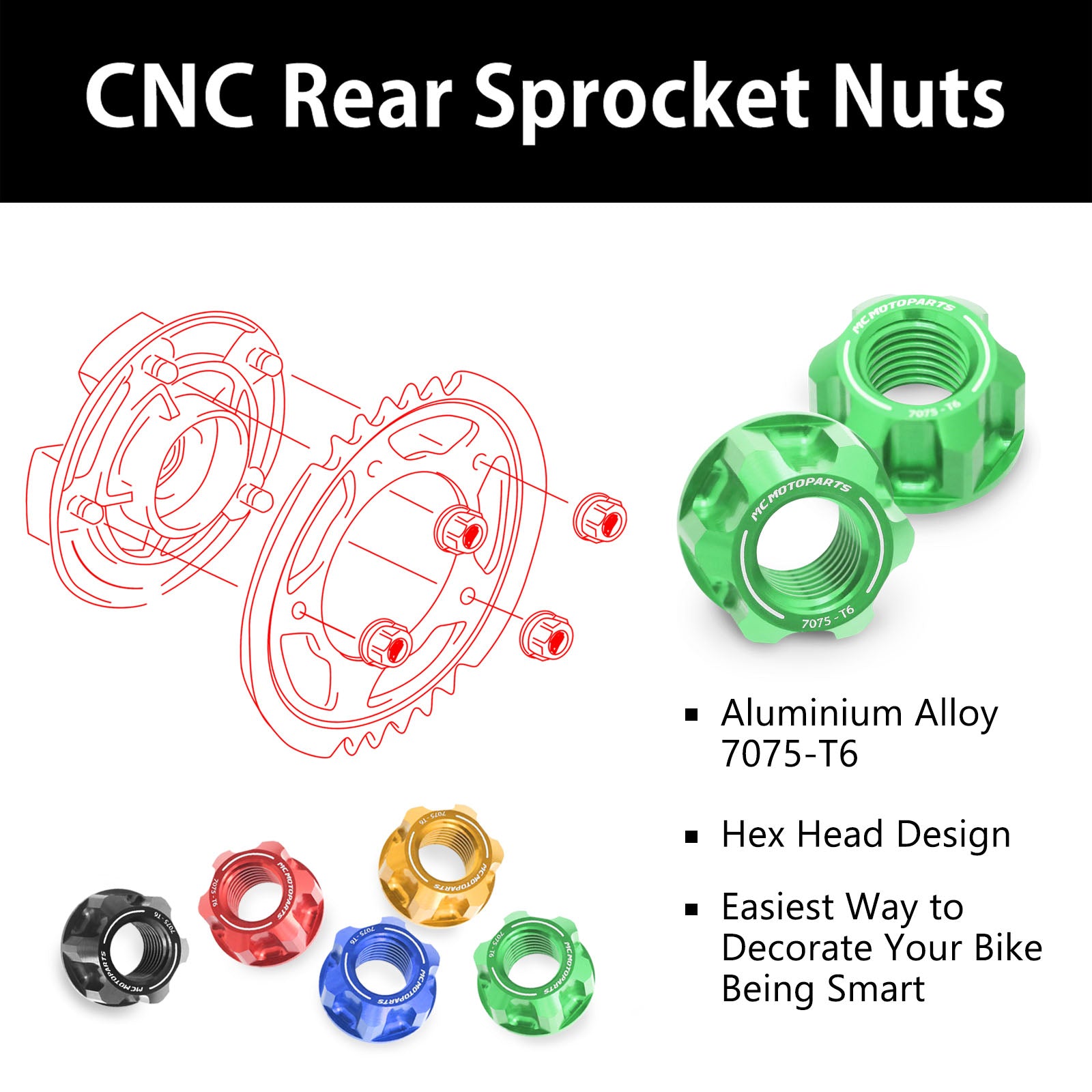 Fit Honda Monkey 125 Grom MSX125 SPOKE6 Billet M8 Rear Sprocket Nuts - MC Motoparts