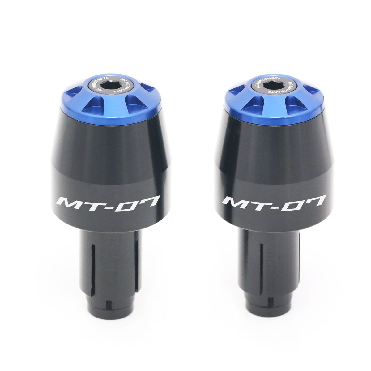 Engraved logo Storm CNC bar ends for Yamaha MT-07 2014-2025, black aluminum motorcycle handlebar ends by MC Motoparts.