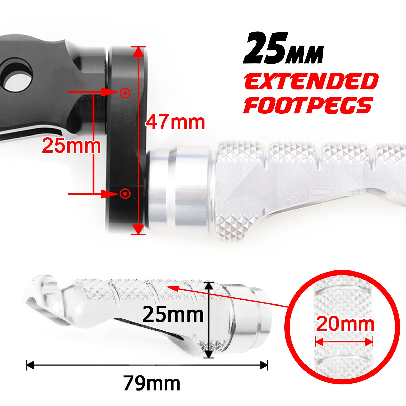 Fit Kawasaki GTR1400 Versys 1000 650 RFIGHT 25mm Extension Front Silver Foot Pegs - MC Motoparts