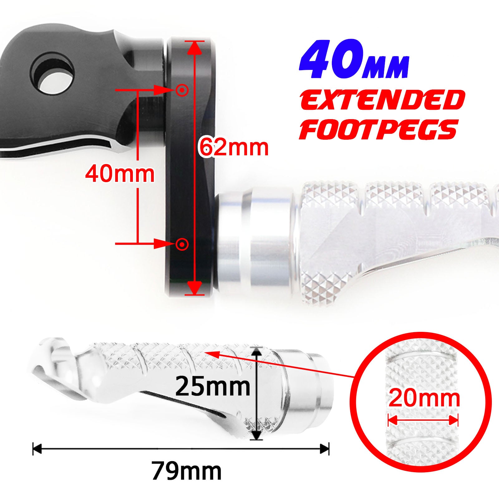 Fit Yamaha FZ1 FZ6 FZ8 MT-09 MT-07 RFIGHT 40mm Extension Front Silver Foot Pegs - MC Motoparts