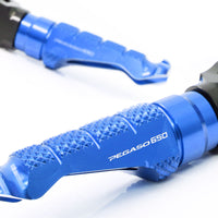 Aprilia PEGASO650 engraved front rider Blue Foot Pegs