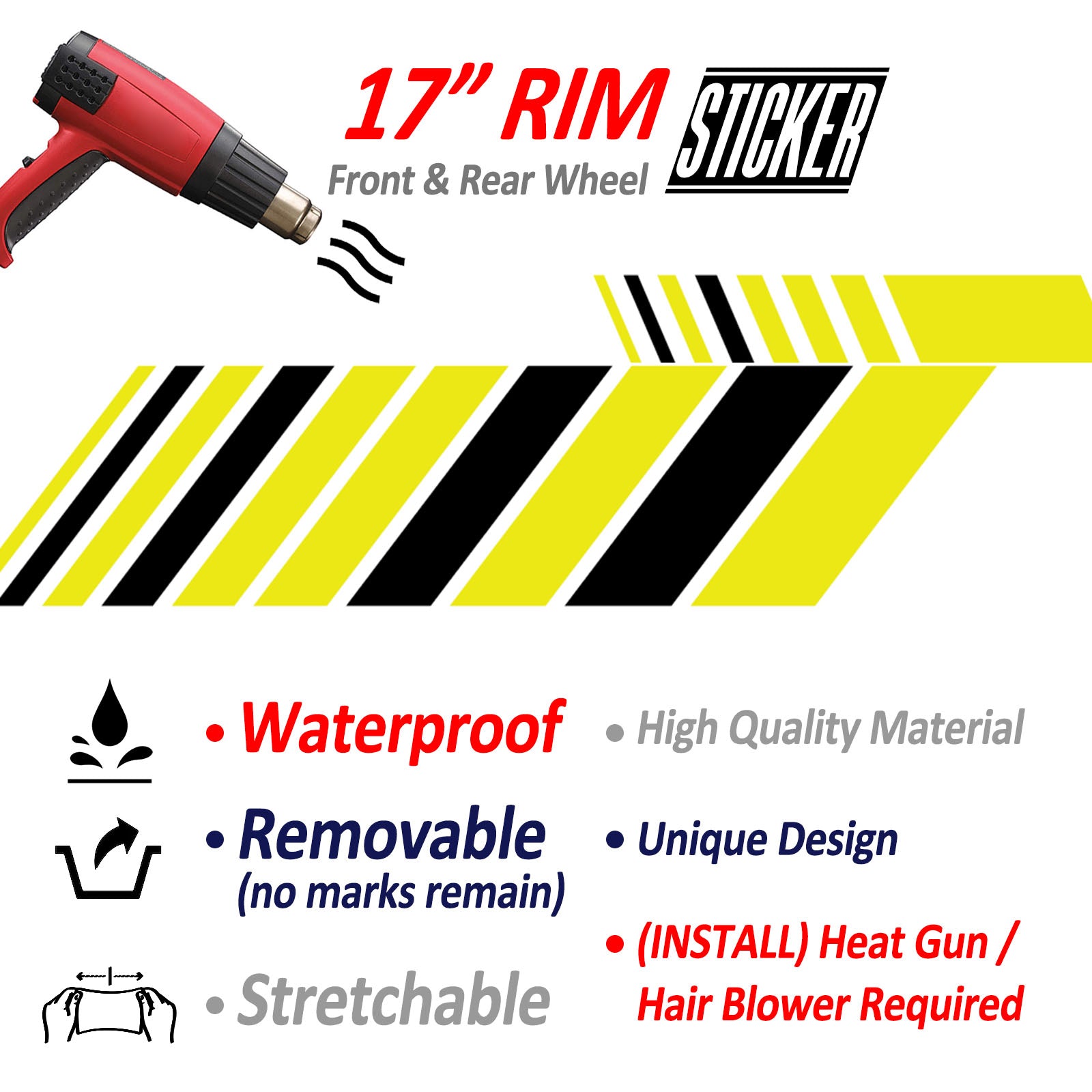 Awning Stripe Pattern 17 inch Wheel Front & Rear Removable Rim Sticker Set - MC Motoparts